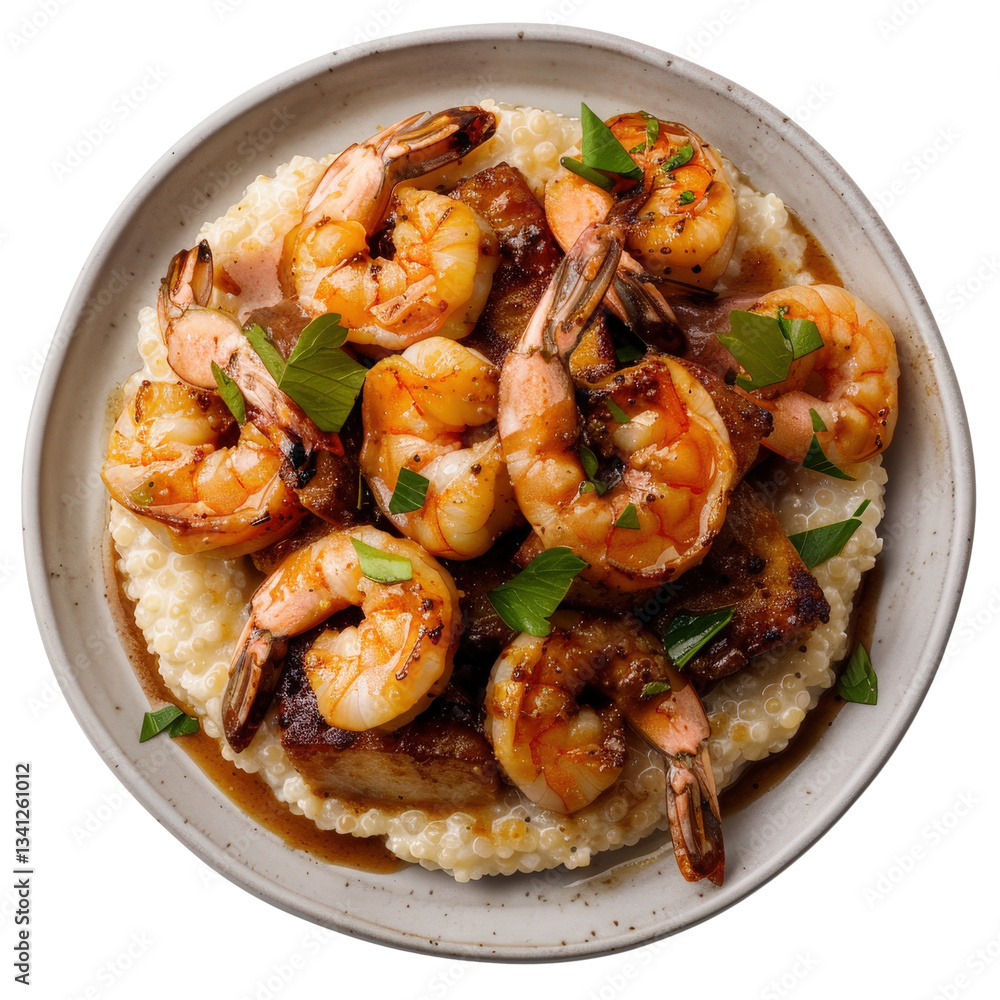 Grilled Shrimp on Savory Polenta with Fresh Herbs and Garnish in Rustic Dish Grilled Shrimp on Savory Polenta with Fresh Herbs and Garnish in Rustic Dish