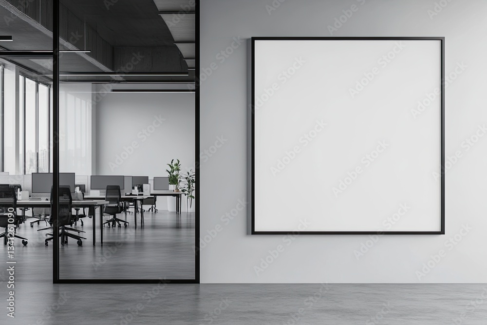 Modern open-plan office space with blank poster. Empty wall mounted display area in a contemporary workplace Modern open-plan office space with blank poster. Empty wall mounted display area in a contemporary workplace