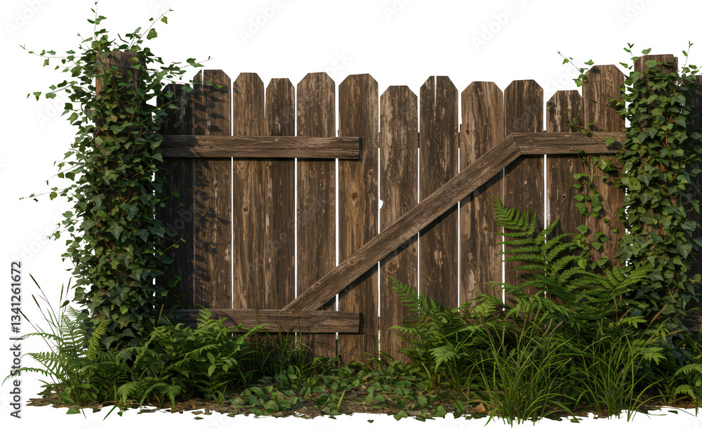 Fototapeta premium Overgrown Rustic Wooden Fence with Ivy and Ferns in a Garden Setting