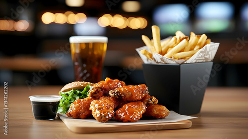 Delicious Boneless Buffalo Wings with French Fries and Beer
