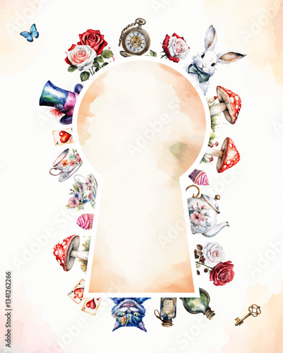 Wonderland poster, banner, greeting card.  Watercolor white rabbit, cat,  hat, key, clock, tea cup, rose, mushrooms  and other. Frame and place for text. Vector illustration
