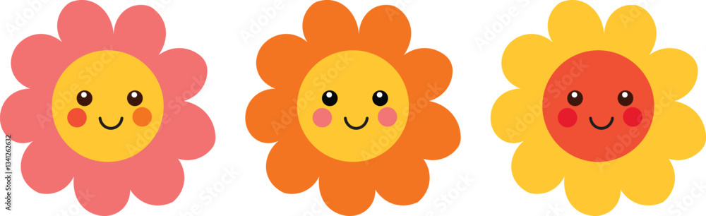 Cute Cartoon Flowers Smiling in a Row vector on white background Cute Cartoon Flowers Smiling in a Row vector on white background