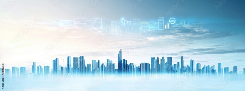 Obraz premium Modern Urban Skyline with Abstract Digital Technology Elements