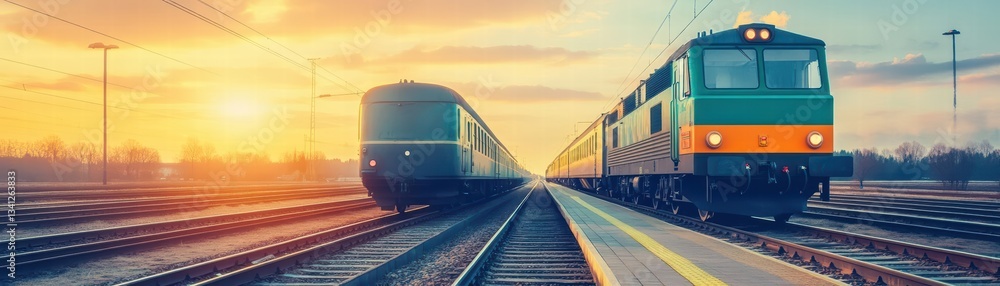 Obraz premium Vintage steam locomotive on train tracks with two trains creating a nostalgic scene of railway history and travel adventure
