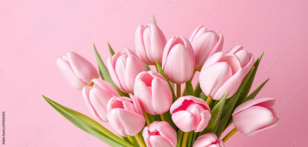 Naklejka premium Delicate pink tulips arranged in a bouquet, soft pink backdrop, bouquet, spring flowers