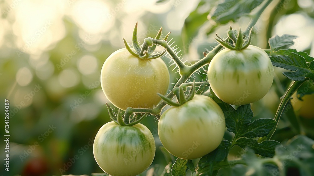 Fresh pale green and cream tomatoes on vine in greenhouse Fresh pale green and cream tomatoes on vine in greenhouse