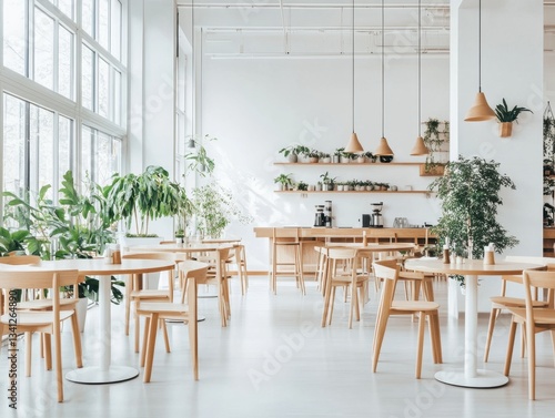 A restaurant with a lot of tables and chairs. There are potted plants on the tables and shelves