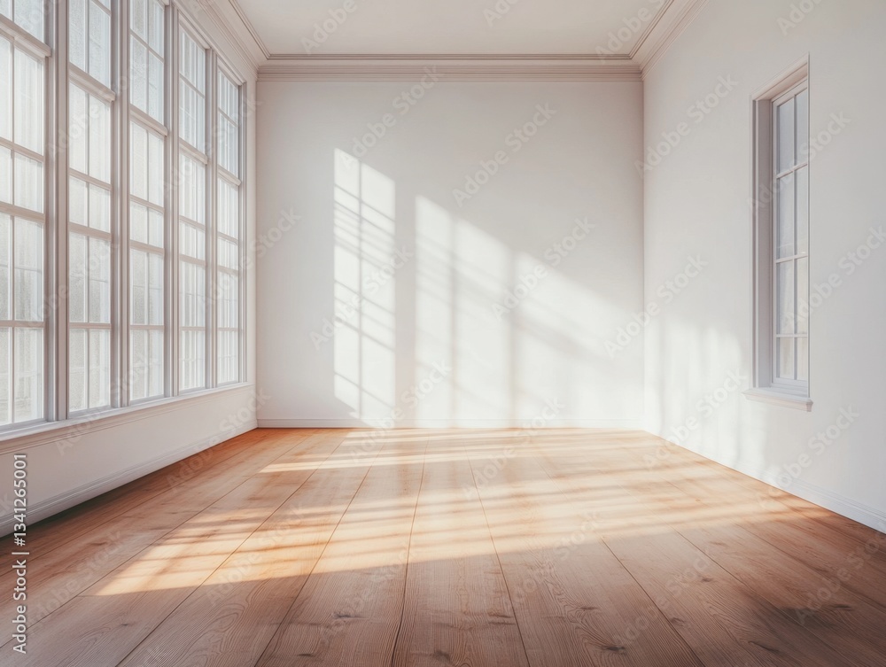 A large room with a white wall and wooden floors. There are two windows in the room. The room is empty and has no furniture A large room with a white wall and wooden floors. There are two windows in the room. The room is empty and has no furniture