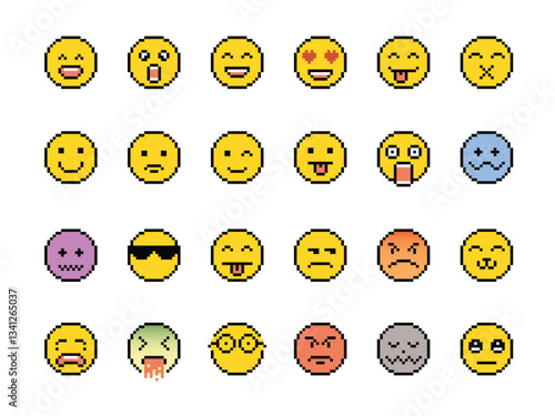 Emotion icon set in pixel style. Full color pixel emoticon