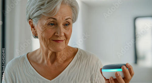 Elderly woman interacting with smart home device in living room
