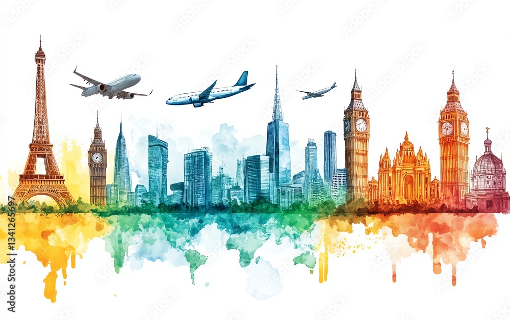 A handdrawn collage on a white background, featuring worldfamous landmarks and airplanes, representing travel, adventure, and the allure of distant destinations A handdrawn collage on a white background, featuring worldfamous landmarks and airplanes, representing travel, adventure, and the allure of distant destinations