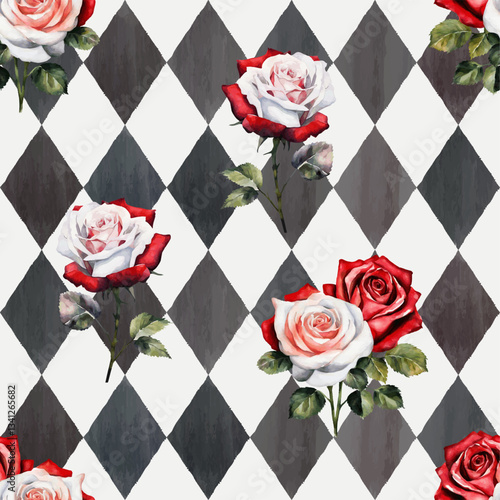 Wonderland watercolor seamless pattern. Red and white roses on watercolor checkered background. Vector illustration. Texture for fabric, wrapping, wallpaper, print
