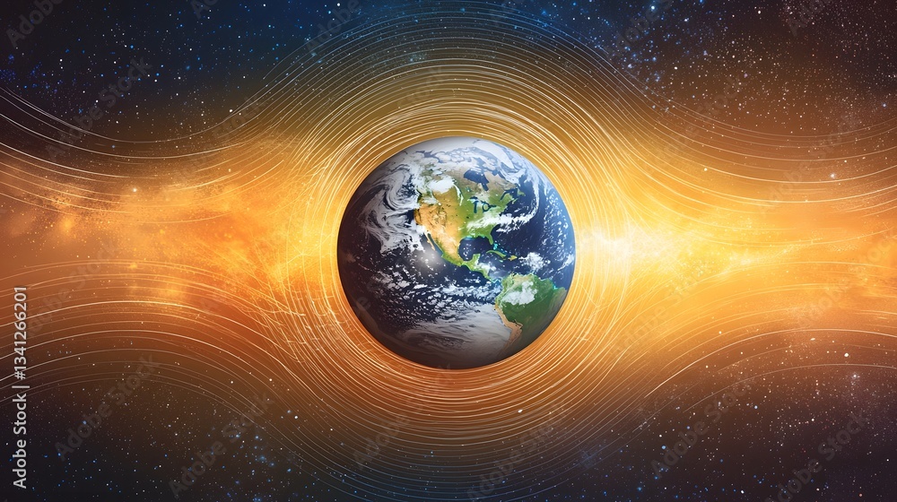 Fototapeta premium Futuristic AI powered magnetic shield experiments protecting planetary atmospheres from solar wind erosion showcasing innovative space weather control technology for a sustainable future