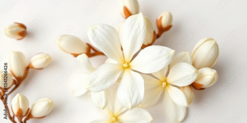 Fototapeta premium Unopened jasmine buds, creamy white, delicate texture, pristine white background, flower, floral
