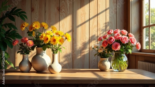 Wallpaper Mural Sunlight Illuminates Vibrant Floral Arrangements in Elegant Vases on a Wooden Tabletop Torontodigital.ca