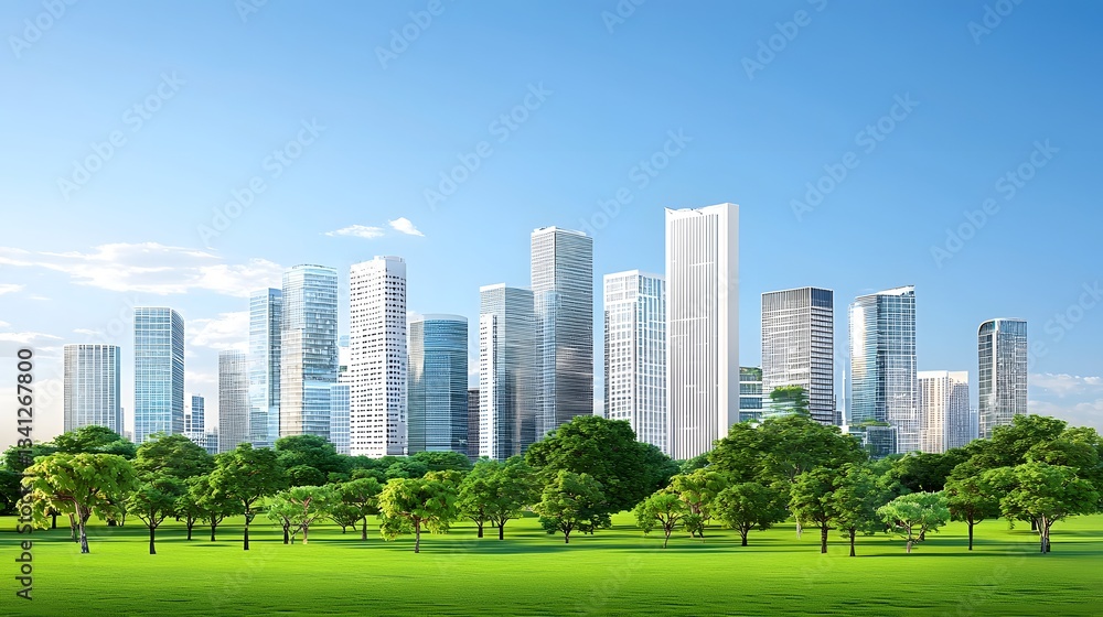 Obraz premium Futuristic Sustainable Smart City Powered by Renewable Energy and Carbon Capture Technologies A 3D Rendering of an AI Managed Low Emission Urban Landscape with Skyscrapers Innovative Infrastructure