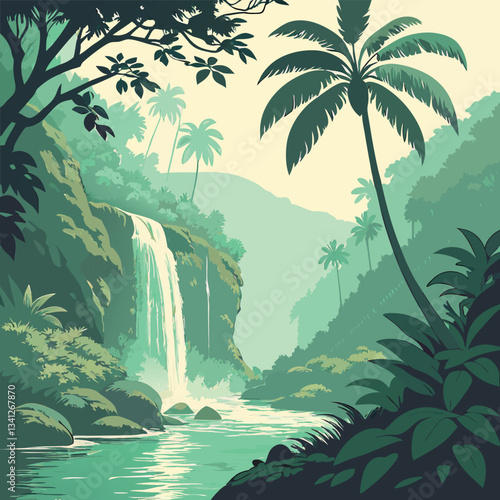 Lush Tropical Rainforest Waterfall: Nature's Cry calm green river creek trees birds image 