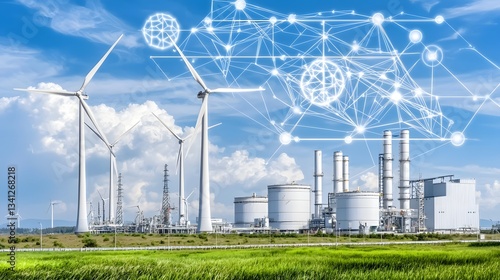 Innovative AI powered renewable energy command center overseeing a futuristic cyberpunk inspired landscape of wind turbines solar panels and hydrogen fuel cells