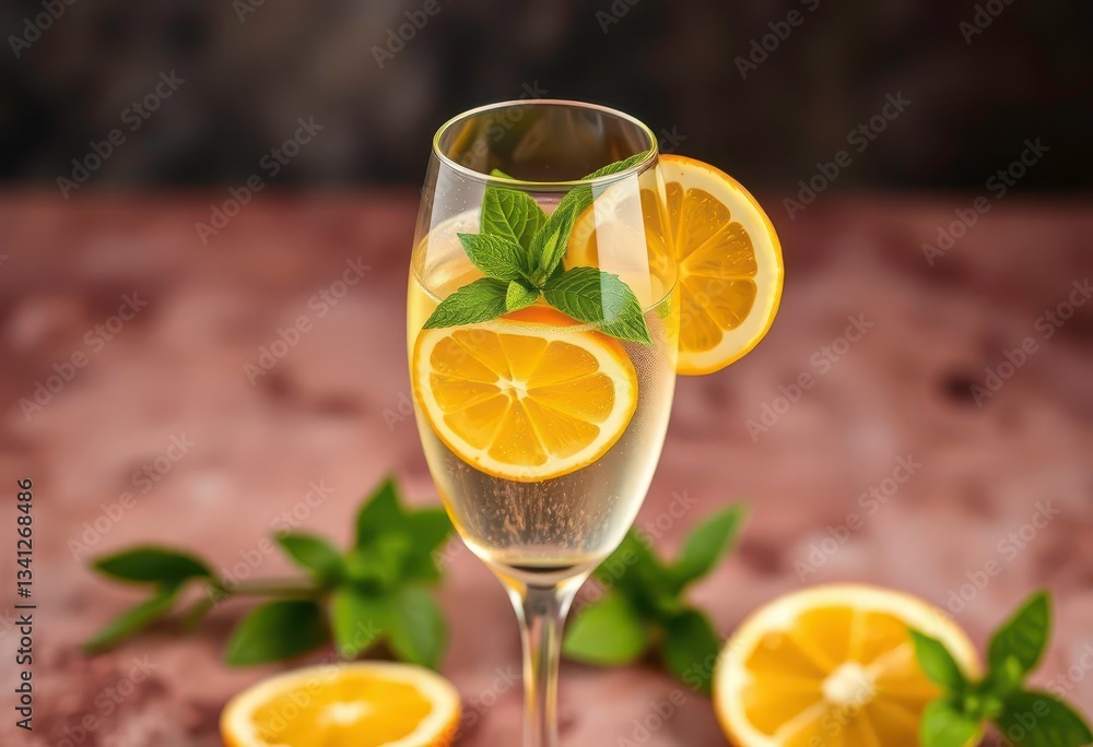 Fototapeta premium Elegant champagne flute with citrus slices & mint garnish, aperitif, liquor