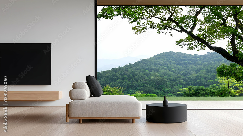 Fototapeta premium Modern Minimalist Living Room with Beige Sofa and Mountain View