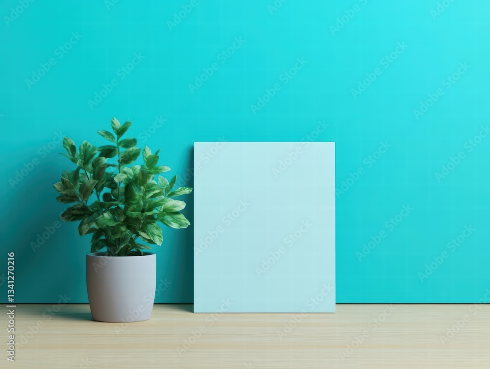 Decorative potted plant positioned next to a blank sheet of paper on a table for creative inspiration and ideas Decorative potted plant positioned next to a blank sheet of paper on a table for creative inspiration and ideas