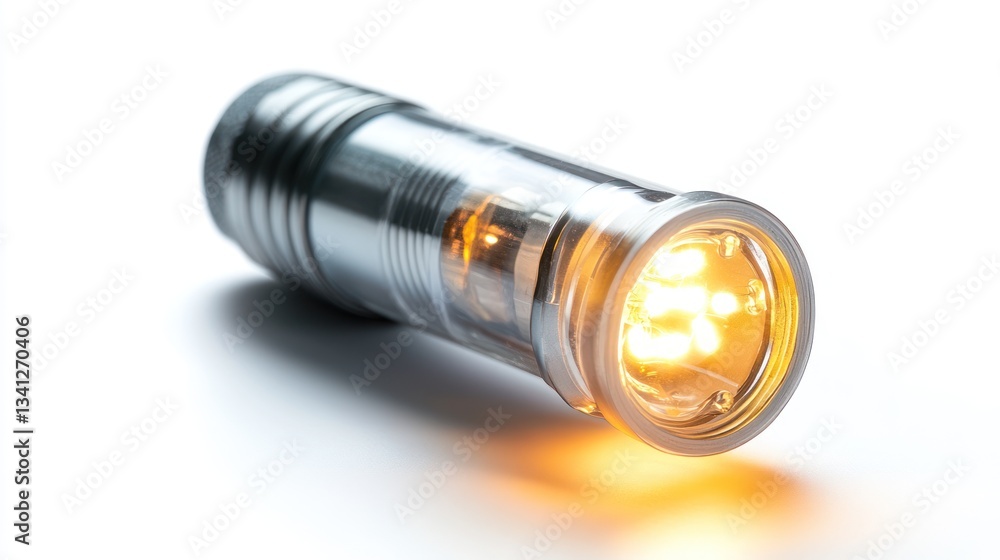 A close-up of a flashlight emitting a warm light, showcasing its design and functionality. A close-up of a flashlight emitting a warm light, showcasing its design and functionality.