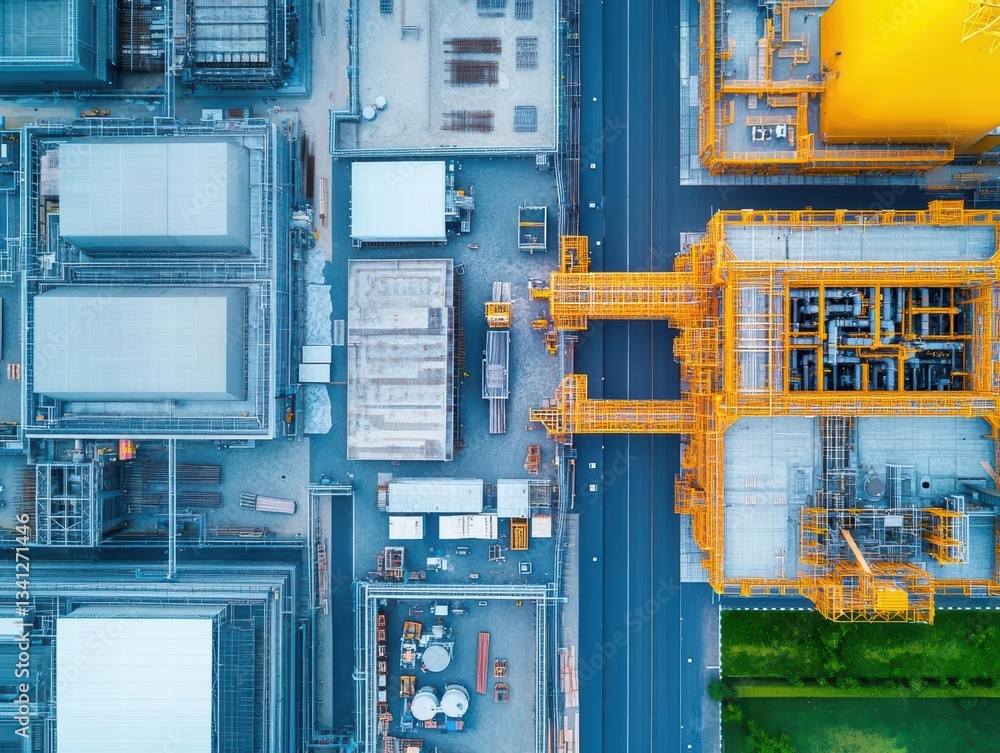 Aerial image of a large industrial area featuring a network of yellow and orange gas tanks against a clear sky Aerial image of a large industrial area featuring a network of yellow and orange gas tanks against a clear sky
