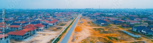 Expansive aerial view of a residential area in a city with houses and streets displaying urban planning and community