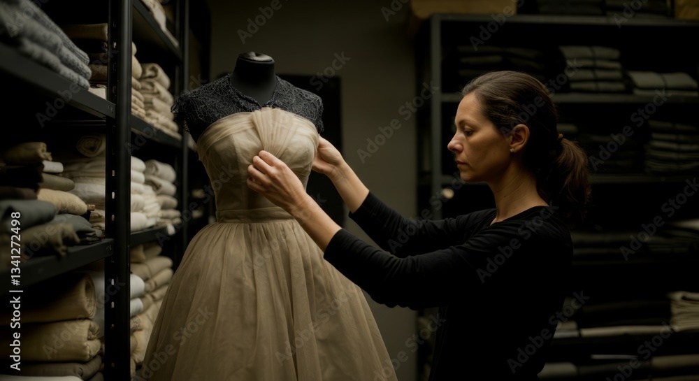 Female designer adjusting elegant gown on mannequin in fashion workshop Female designer adjusting elegant gown on mannequin in fashion workshop