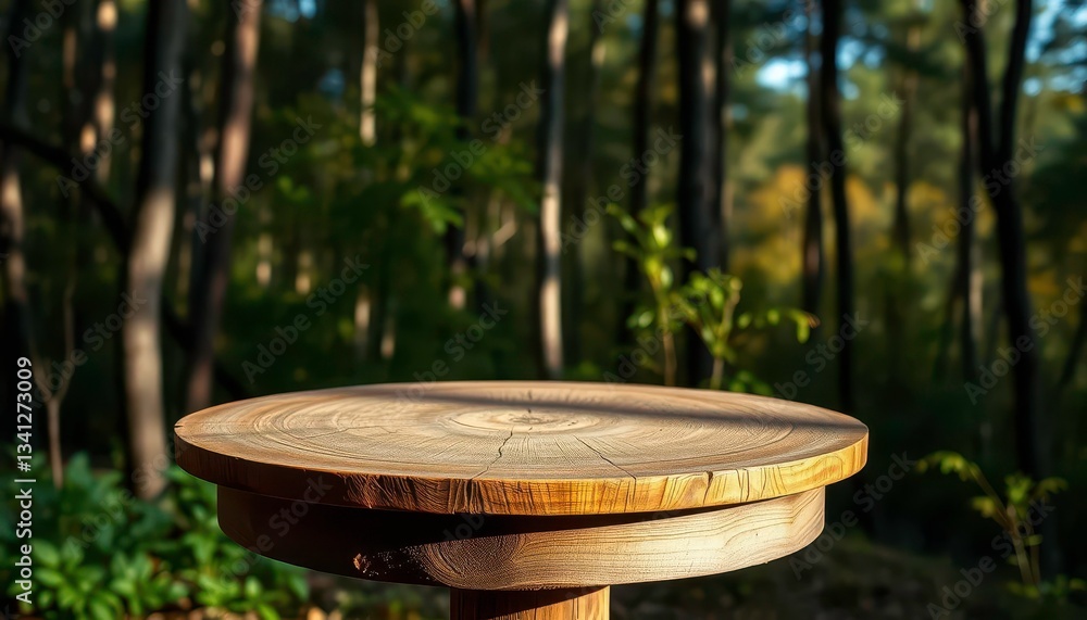 Empty rustic round wooden table against blurred forest backdrop, image, mockup Empty rustic round wooden table against blurred forest backdrop, image, mockup
