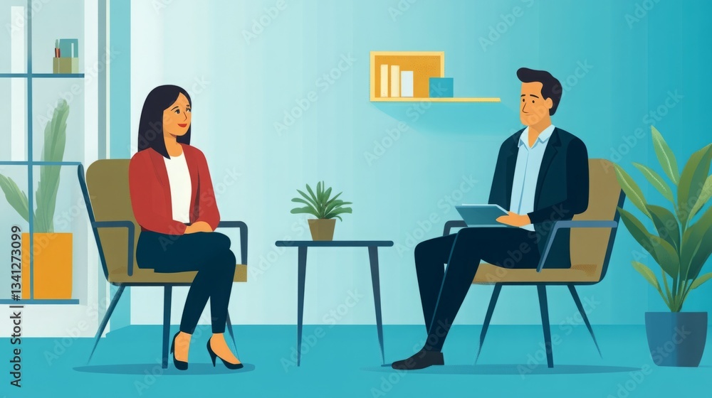 Young Asian woman and Caucasian man in a job interview. Young Asian woman and Caucasian man in a job interview.