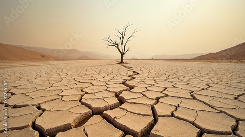 Paisaje desértico con árbol seco y suelo agrietado