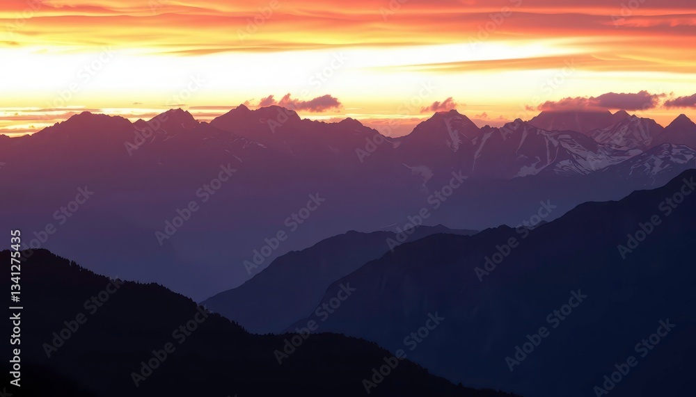 Obraz premium Fiery sunset hues blaze across a majestic mountain range, twilight, majestic