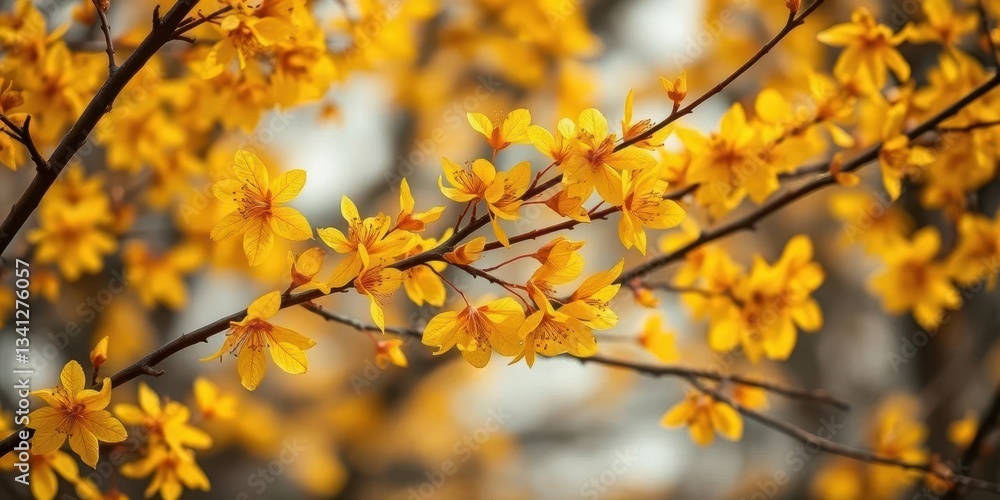 Autumnal Prunus branches, yellow-brown leaves, delicate texture, vibrant, autumn Autumnal Prunus branches, yellow-brown leaves, delicate texture, vibrant, autumn