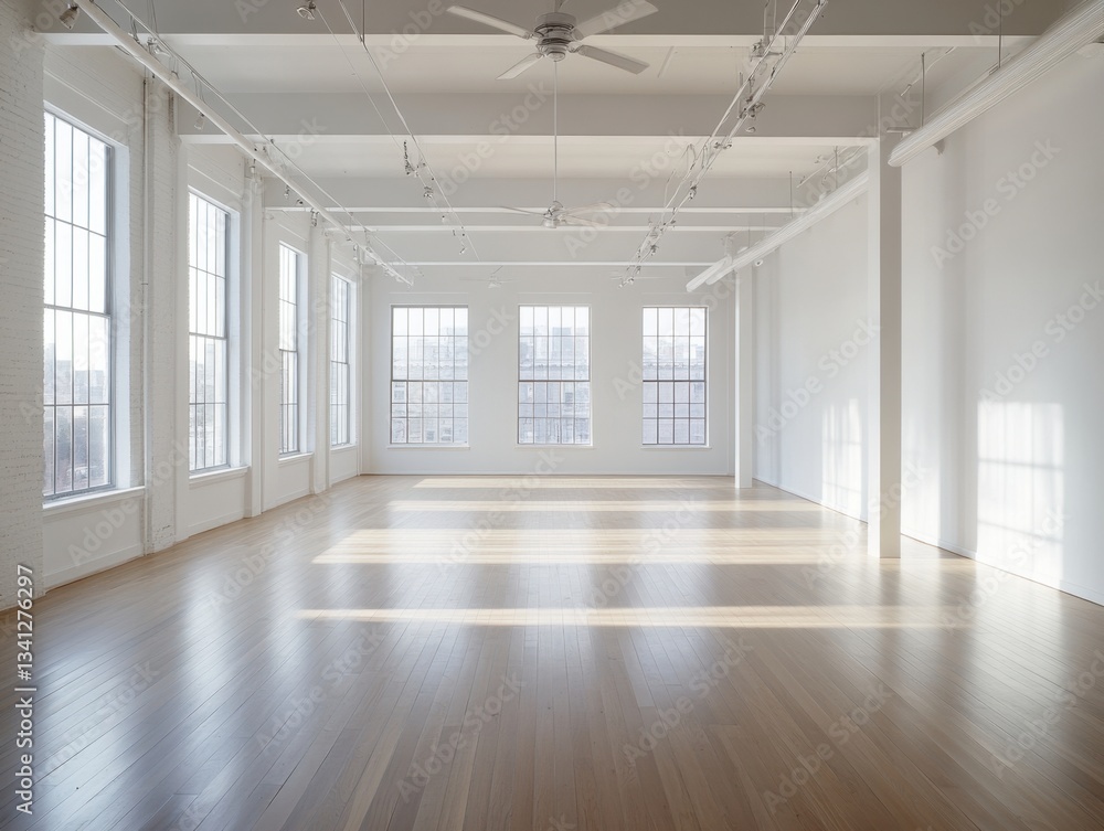 A large room with a white ceiling and white walls. There are no people in the room. The floor is made of wood A large room with a white ceiling and white walls. There are no people in the room. The floor is made of wood