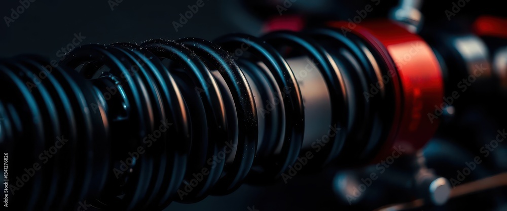 Close-up of a monochrome shock absorber, showing its internal components, texture, equipment, macro Close-up of a monochrome shock absorber, showing its internal components, texture, equipment, macro