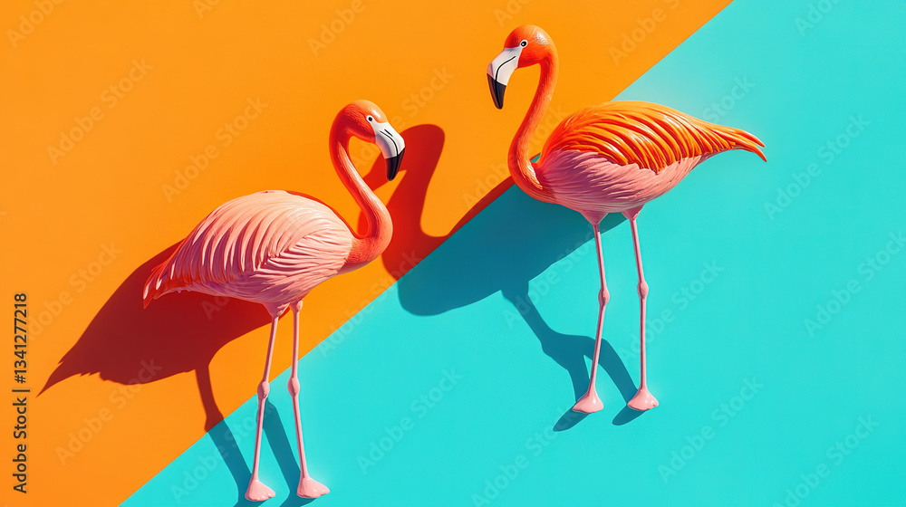 Obraz premium Two flamingo toys on a vibrant orange and blue background, radiating joy and optimism.