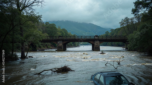 Coche sumergido en río crecido bajo un puente después de una inundación