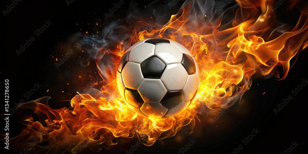 Fototapeta premium Flaming Soccer Ball, Burning Football, Fiery Sphere, Black Background, Abstract Sports Photography
