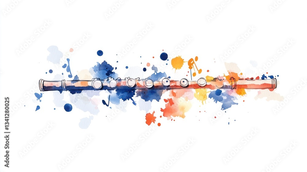 Naklejka premium Melodic Flute with Colorful Musical Notes - Vibrant Watercolor Illustration