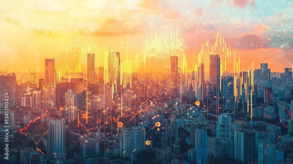 Fototapeta premium Golden Hour Cityscape Market - Urban growth, financial markets, sunset, progress, investment. A captivating symbolizing economic prosperity and the future