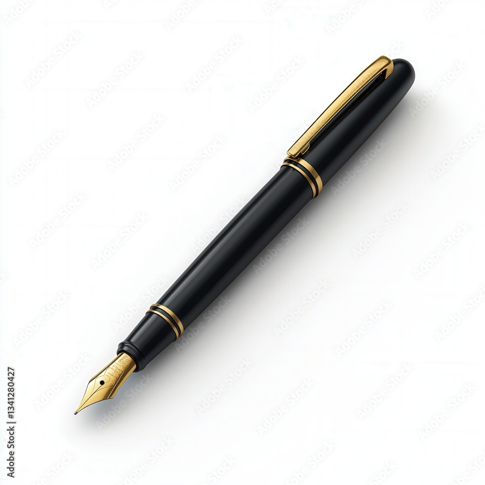 Elegant black fountain pen with gold trim on a white background, symbolizing sophistication. Ideal for writing, education, luxury marketing. Elegant black fountain pen with gold trim on a white background, symbolizing sophistication. Ideal for writing, education, luxury marketing.