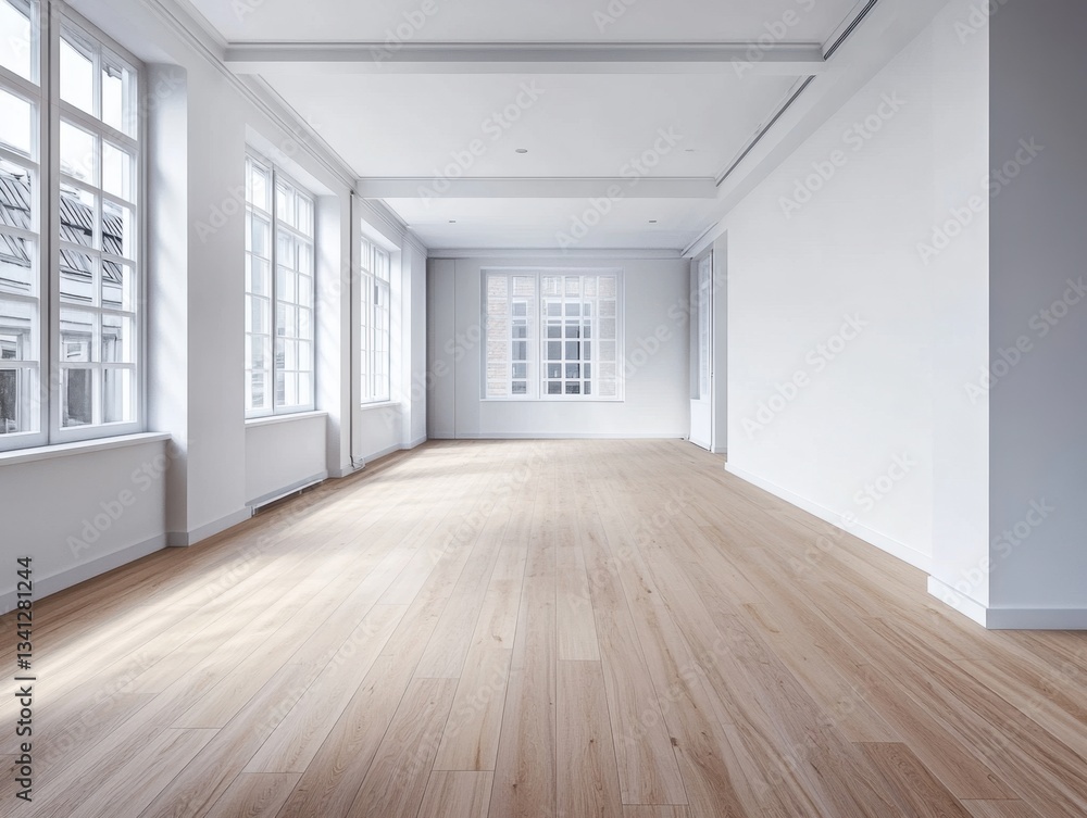 A large room with a white wall and wooden floors. There are two windows in the room A large room with a white wall and wooden floors. There are two windows in the room