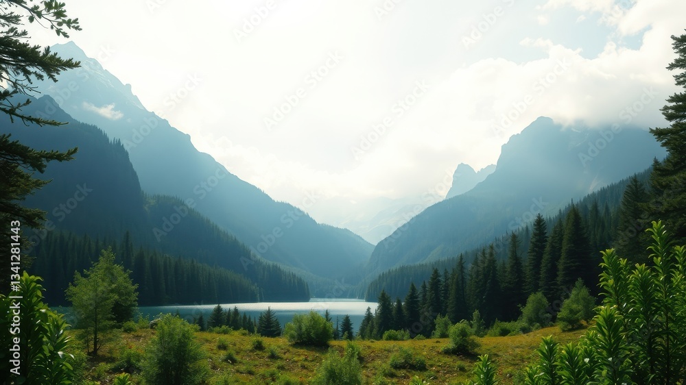 Fototapeta premium Serene mountain lake nestled within a tranquil valley, surrounded by lush evergreen forests and majestic peaks