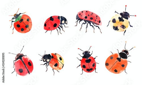Colorful Watercolor Ladybug Insects Set in Minimalist Style Vector Illustration