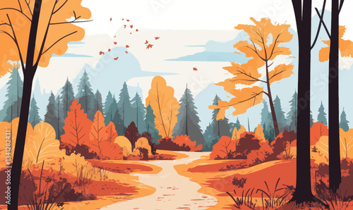 Vibrant Autumn Forest with Pathway Vector Illustration in Minimalist Style