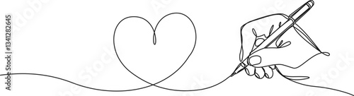 continuous single line drawing of hand holding pen drawing a heart shape, line art vector illustration