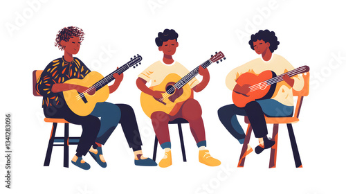 Professional Musicians Playing Guitar in Flat Vector Character Illustration