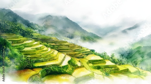 Fototapeta Naklejka Na Ścianę i Meble -  Watercolor Batad Rice Terraces Philippines Landscape - Serene watercolor painting of the Batad Rice Terraces in the Philippines. Symbolizing nature, agriculture, heritage, beauty, and tranquility