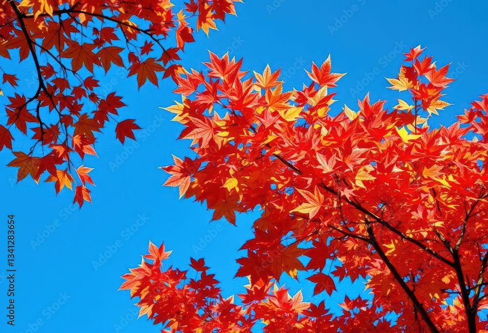 Vibrant autumn leaves in a tree canopy against a clear blue sky, texture, tree Vibrant autumn leaves in a tree canopy against a clear blue sky, texture, tree